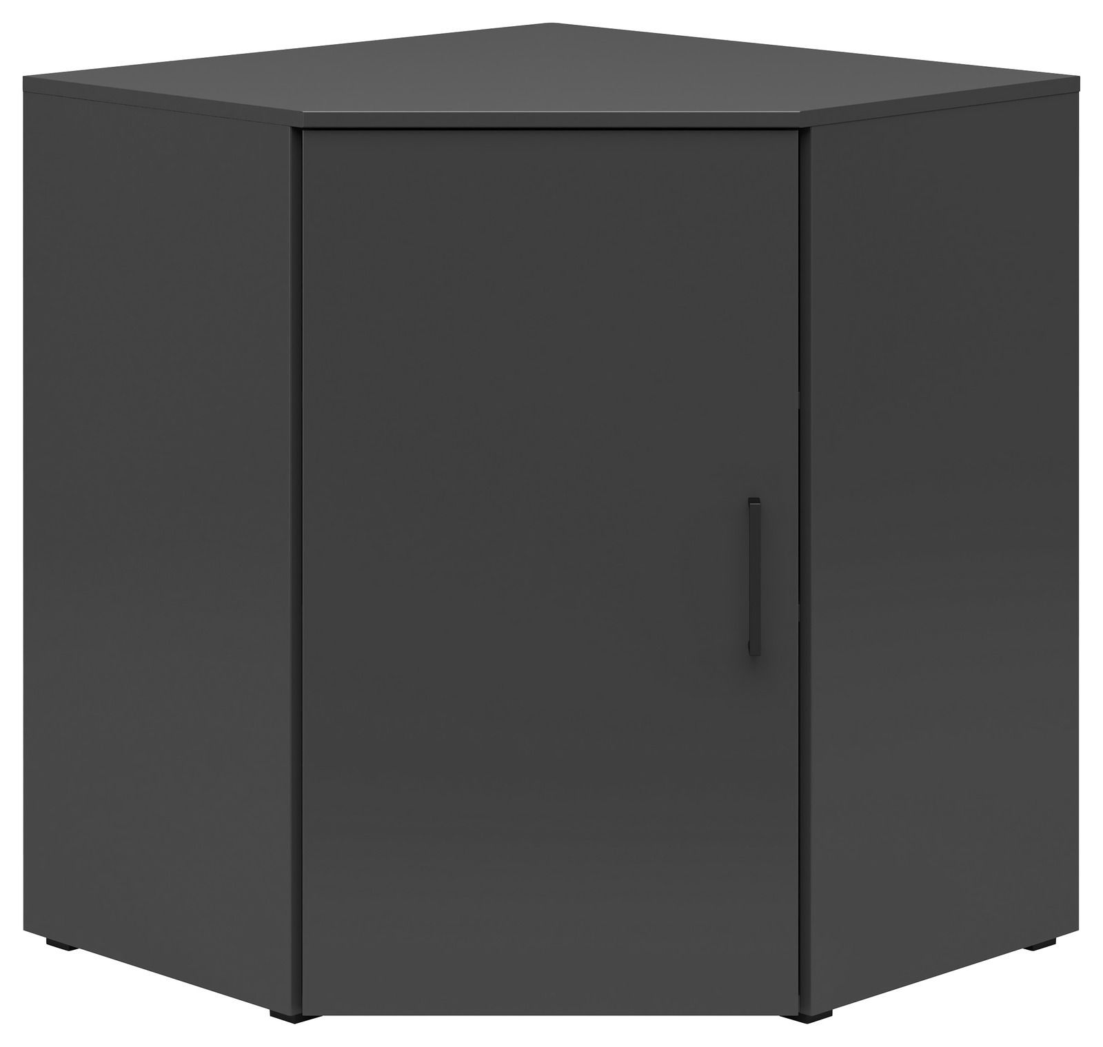 Eckkommode in dunklem Grau, frontal abgebildet mit einer Tür und einem Griff.