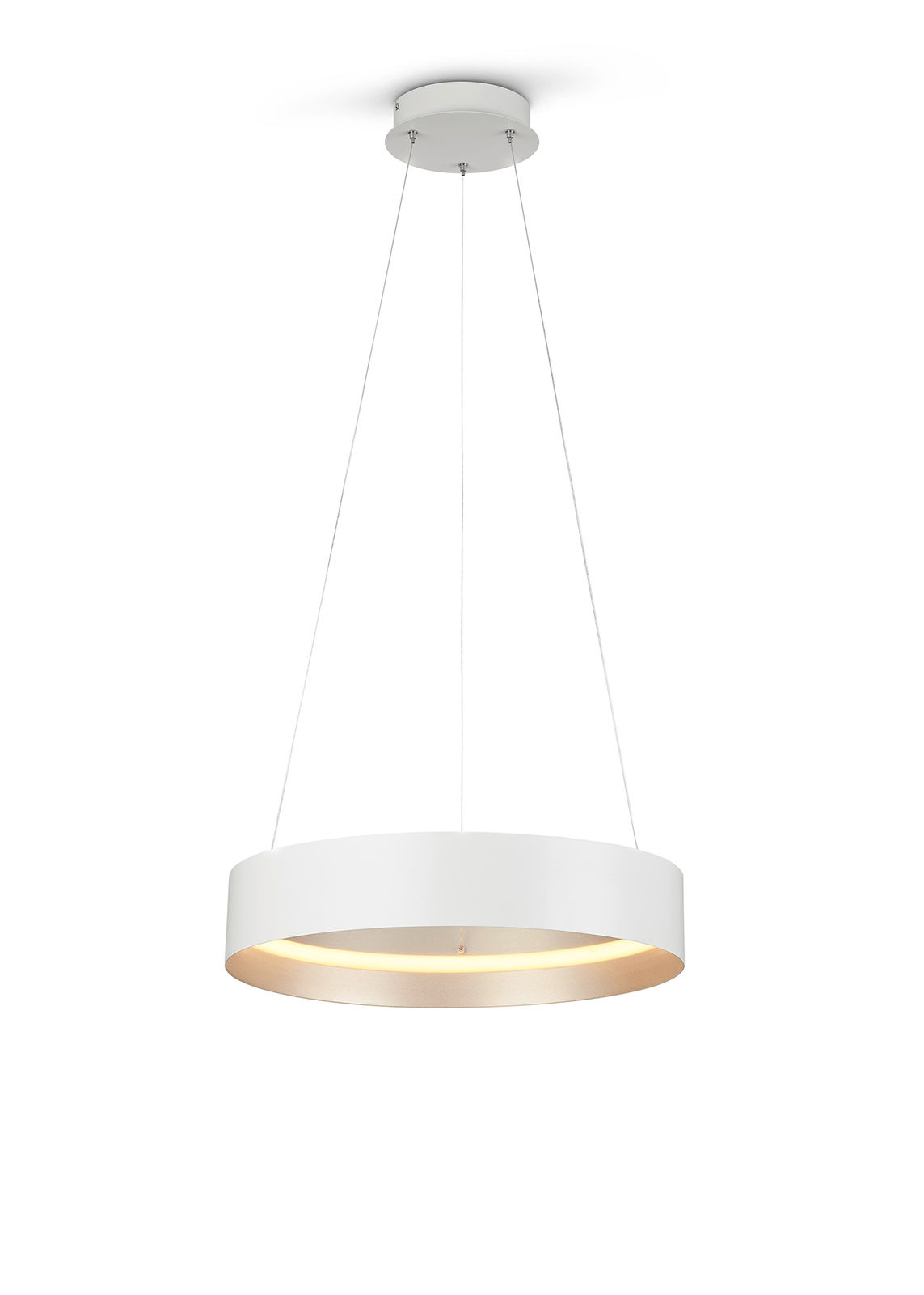 Moderne weiße Pendelleuchte LOOP von Musterring, von unten betrachtet, mit kreisförmigem Design und warmem Licht.