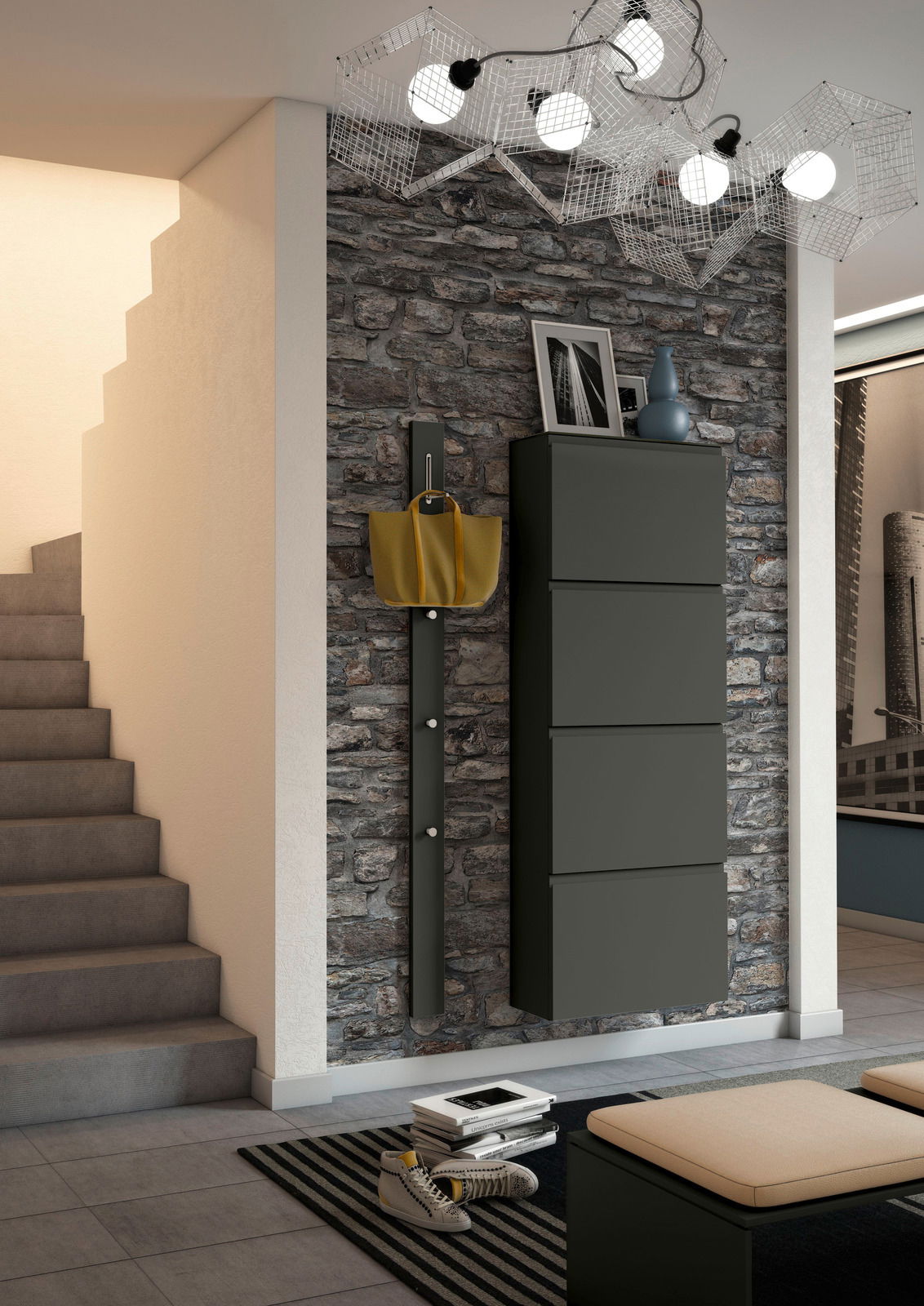 Moderano Hangende schoenenkast LECCO Moderner Hängeschuhschrank 4K-T33 in dunklem Design, an einer Steinwand montiert, mit seitlichem Blick auf eine Treppe.