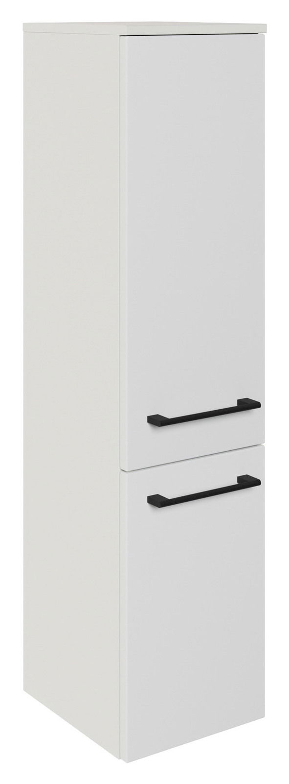 Weißer Midischrank mit zwei schwarzen Griffen, seitliche Perspektive