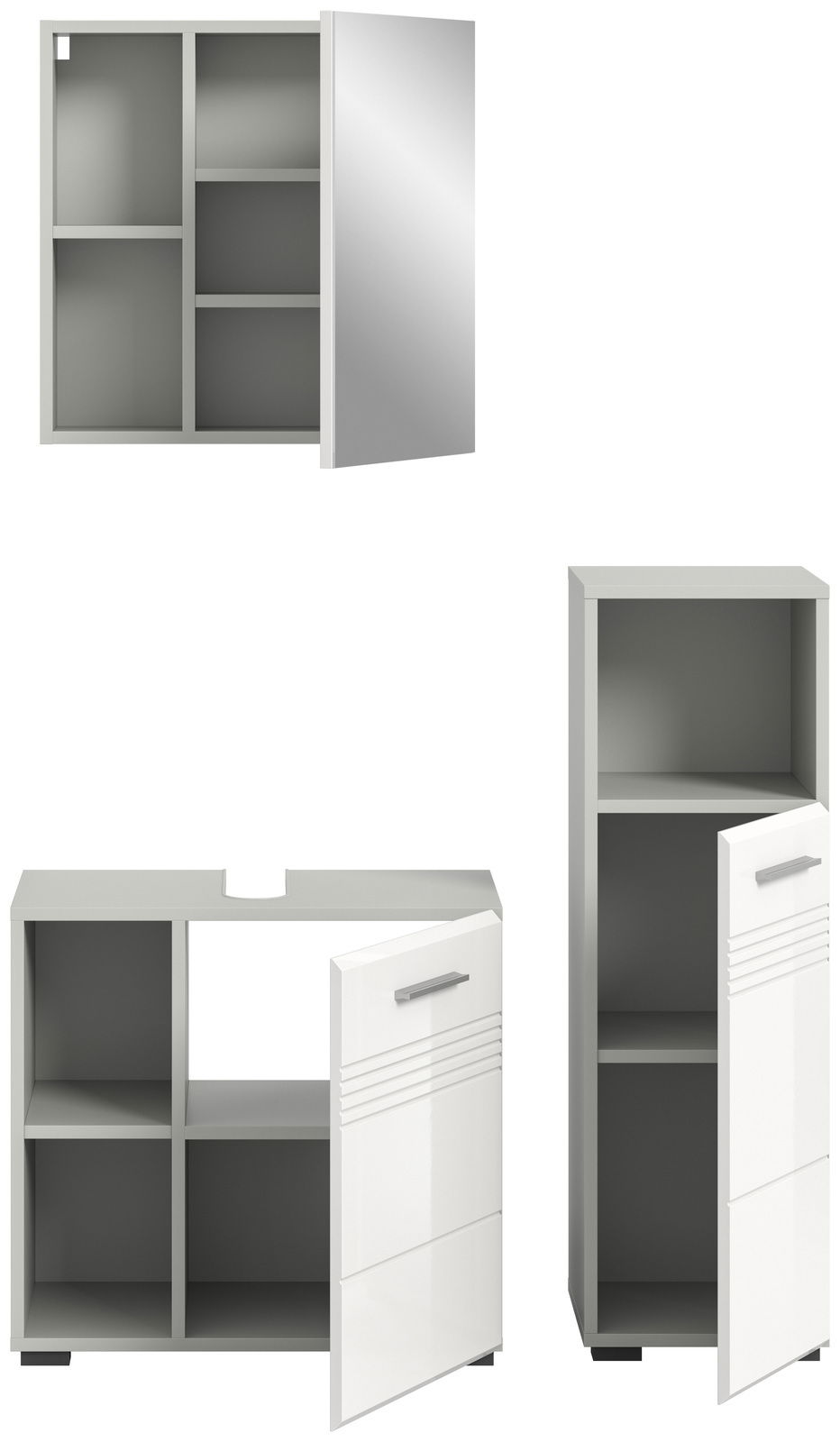 Badkombination bestehend aus einem Spiegelschrank, einem Waschbeckenunterschrank und einem Hochschrank, alle in modernem Design mit weißer und grauer Farbgebung, frontal abgebildet.