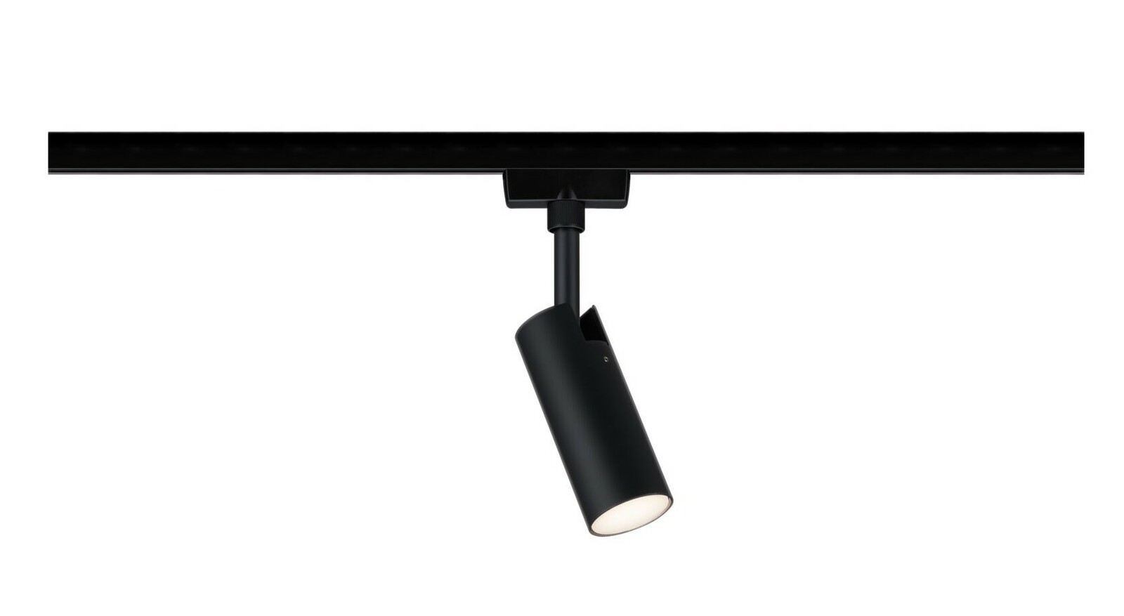 Schwarzer Schienenspot Tubo, seitliche Perspektive, montiert an einer Schiene