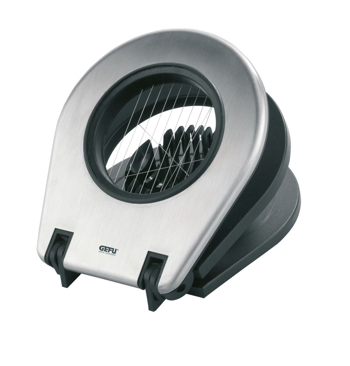 Eierschneider 'Duo' aus Edelstahl, seitliche Perspektive, zeigt Schneidedrähte und robustes Design.