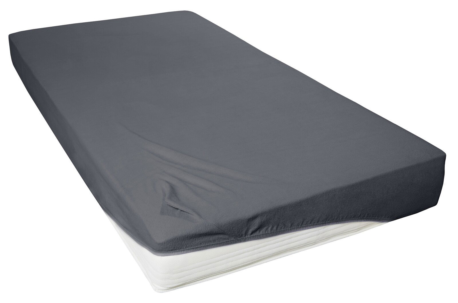 Graues Spannbetttuch 150x200cm auf einer Matratze, seitliche Perspektive