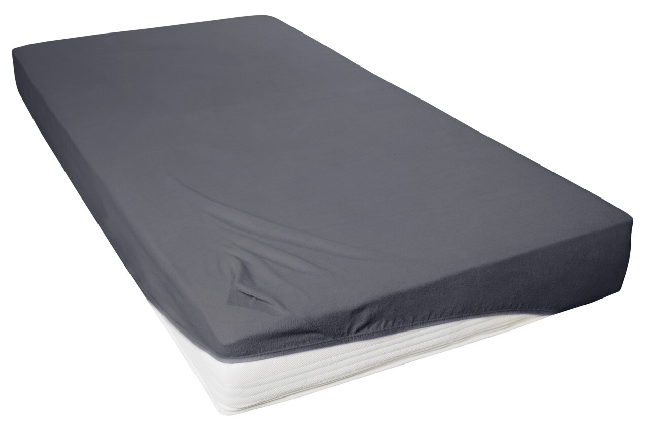 Graues Spannbetttuch 150x200cm auf einer Matratze, seitliche Perspektive