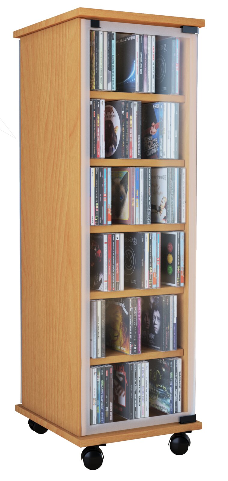 Schmaler CD-/DVD-Aufbewahrungsschrank aus hellem Holz mit transparenten Seitenteilen und Rollen, gefüllt mit CDs, in schräger Frontansicht von links.