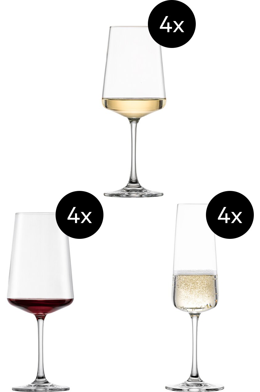 Dreiteiliges Gläserset mit je vier Weißwein-, Rotwein- und Sektgläsern, seitliche Ansicht.