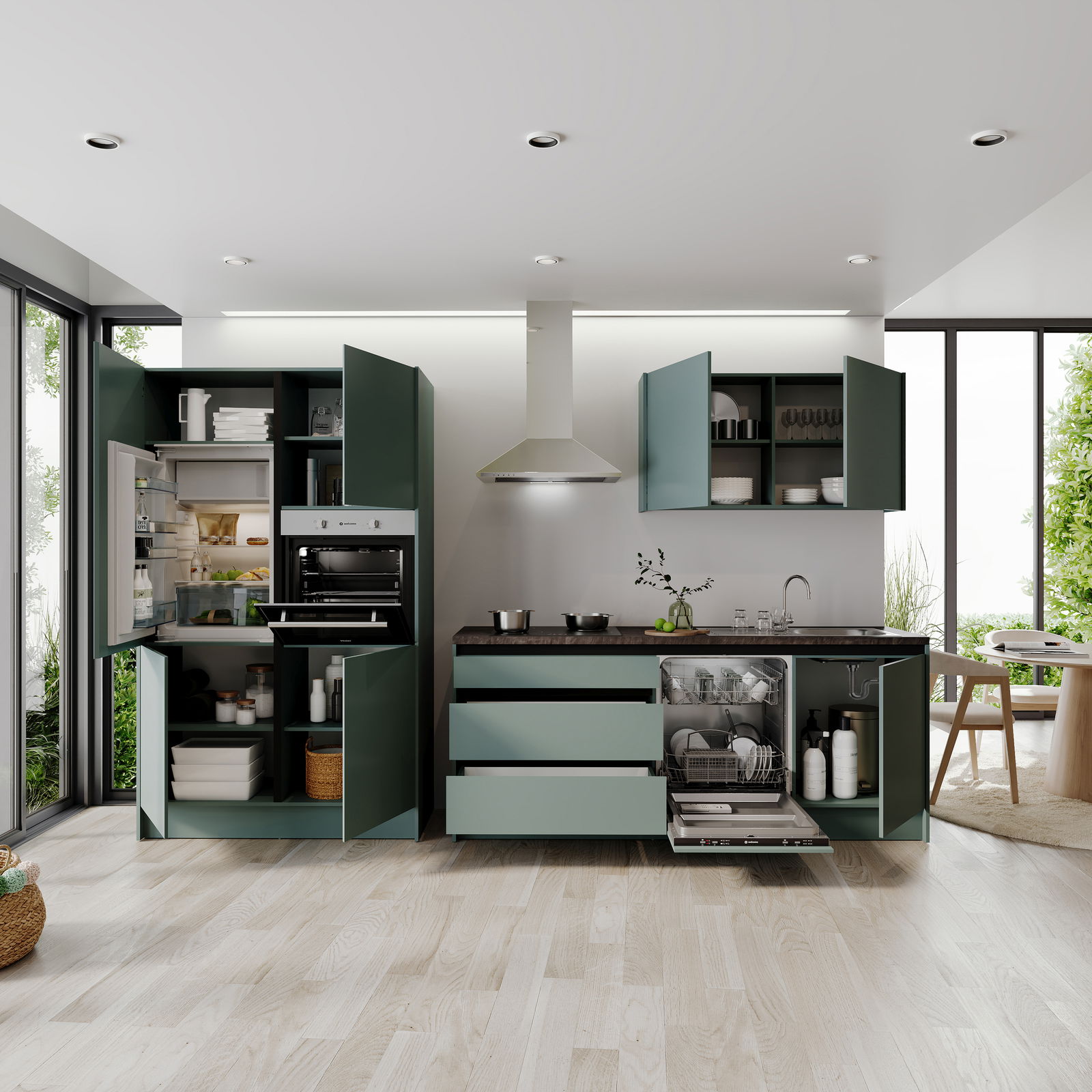 Moderne Küchenzeile mit grünen Schränken, eingebautem Ofen, Kühlschrank und Geschirrspüler, aus der Perspektive eines hellen, offenen Raumes mit Blick auf den Garten.
