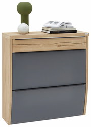 Moderner Hängeschuhschrank aus Holz mit grauen Fronten, dekoriert mit Büchern und Vasen, seitliche Perspektive