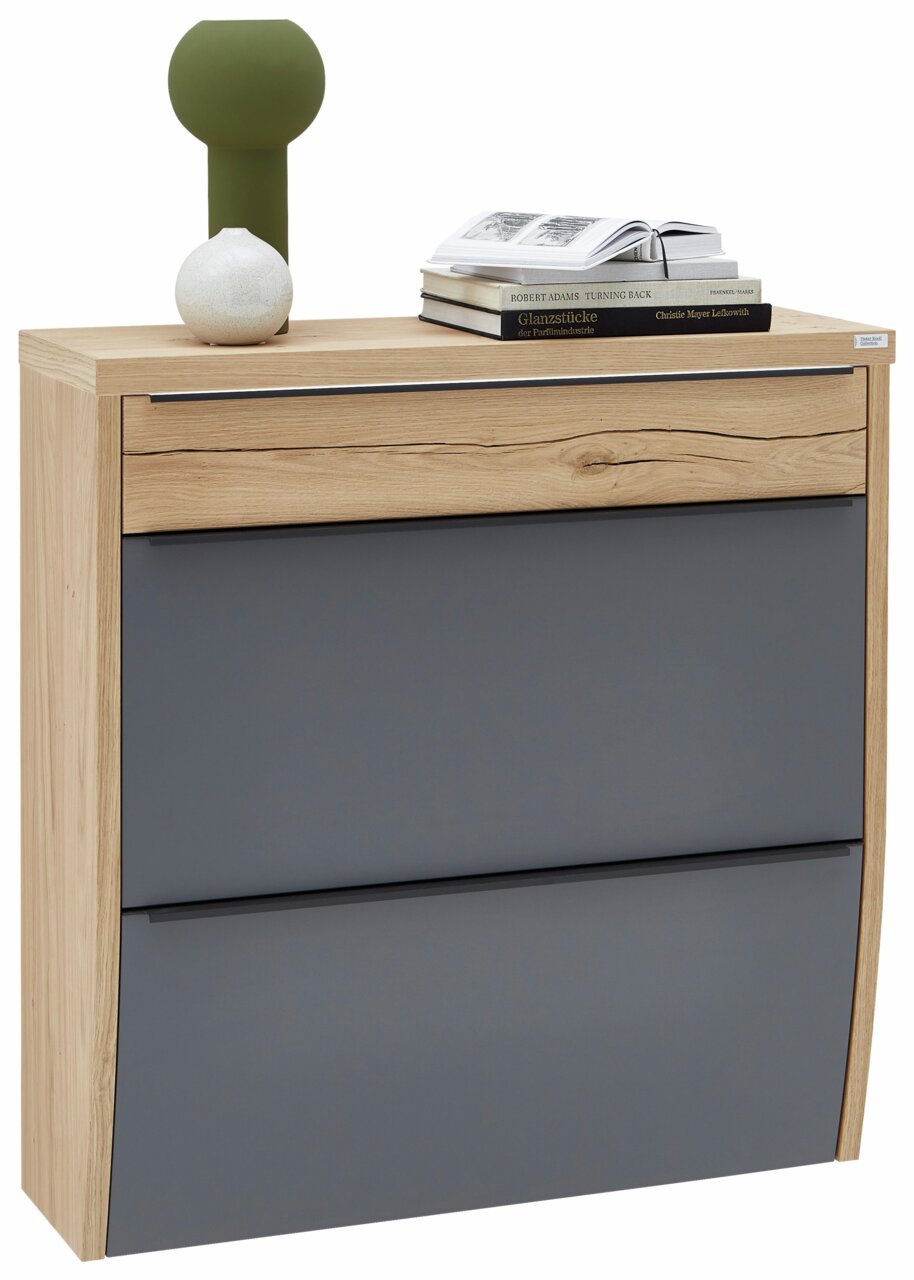 Dieter Knoll Hängeschuhschrank ARCO TREND Moderner Hängeschuhschrank aus Holz mit grauen Fronten, dekoriert mit Büchern und Vasen, seitliche Perspektive