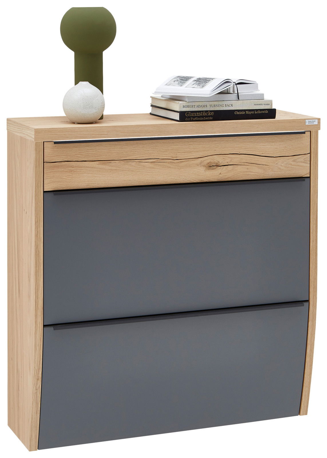 Moderner Hängeschuhschrank aus Holz mit grauen Fronten, dekoriert mit Büchern und Vasen, seitliche Perspektive