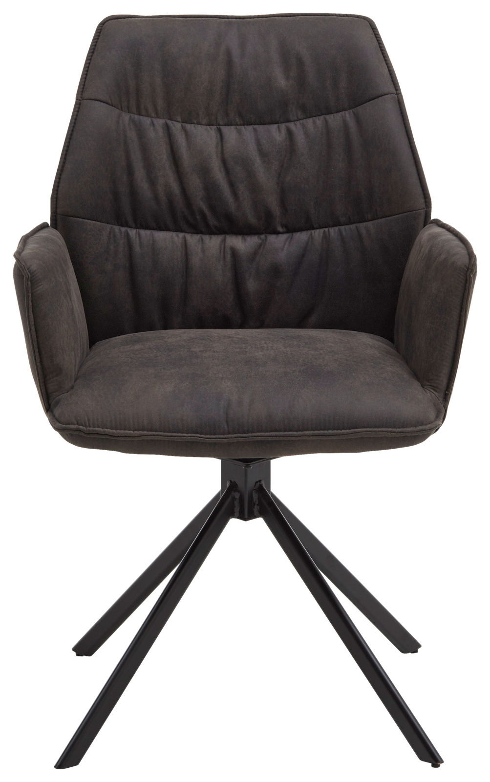 Frontansicht eines modernen, dunkel gepolsterten Sessels der Serie TORTILLA mit schwarzem Metallgestell.