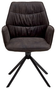 Vooraanzicht van een moderne, donker gestoffeerde fauteuil uit de TORTILLA-serie met een zwart metalen frame.