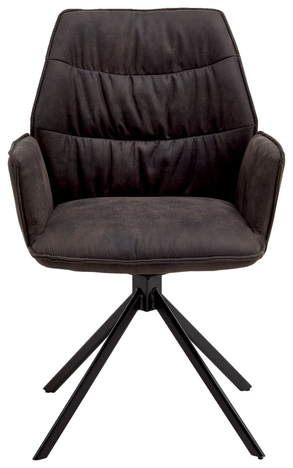 Vooraanzicht van een moderne, donker gestoffeerde fauteuil uit de TORTILLA-serie met een zwart metalen frame.