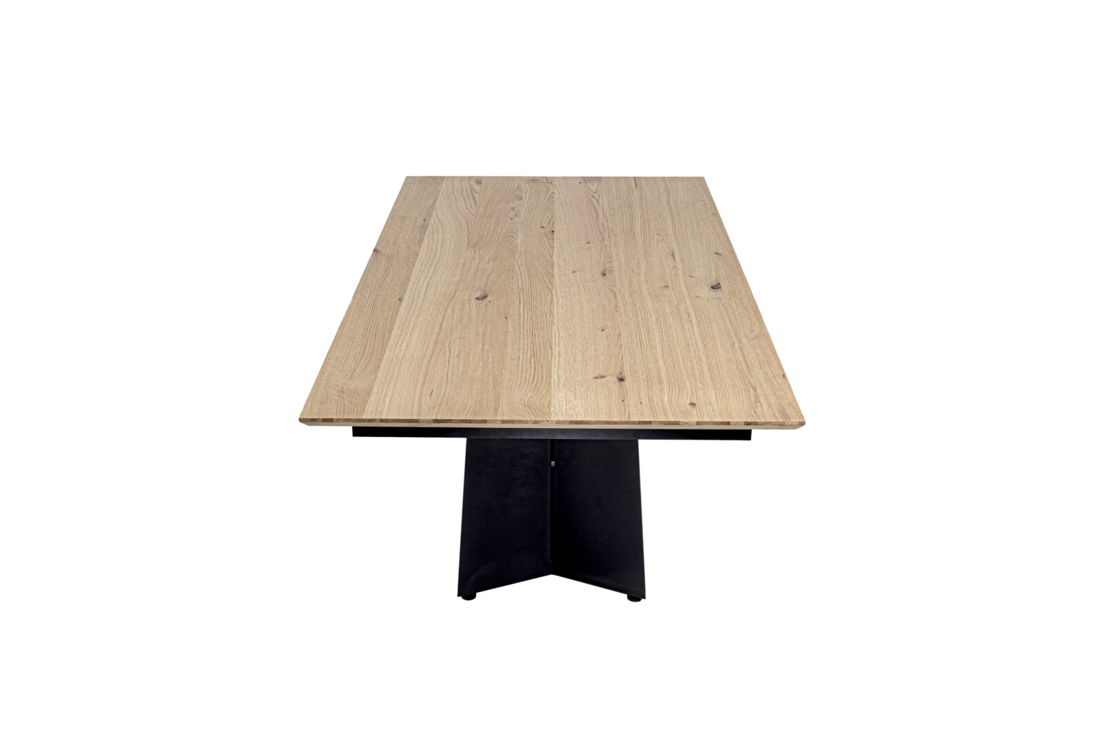 Houten eettafel met zwart metalen onderstel, vooraanzicht