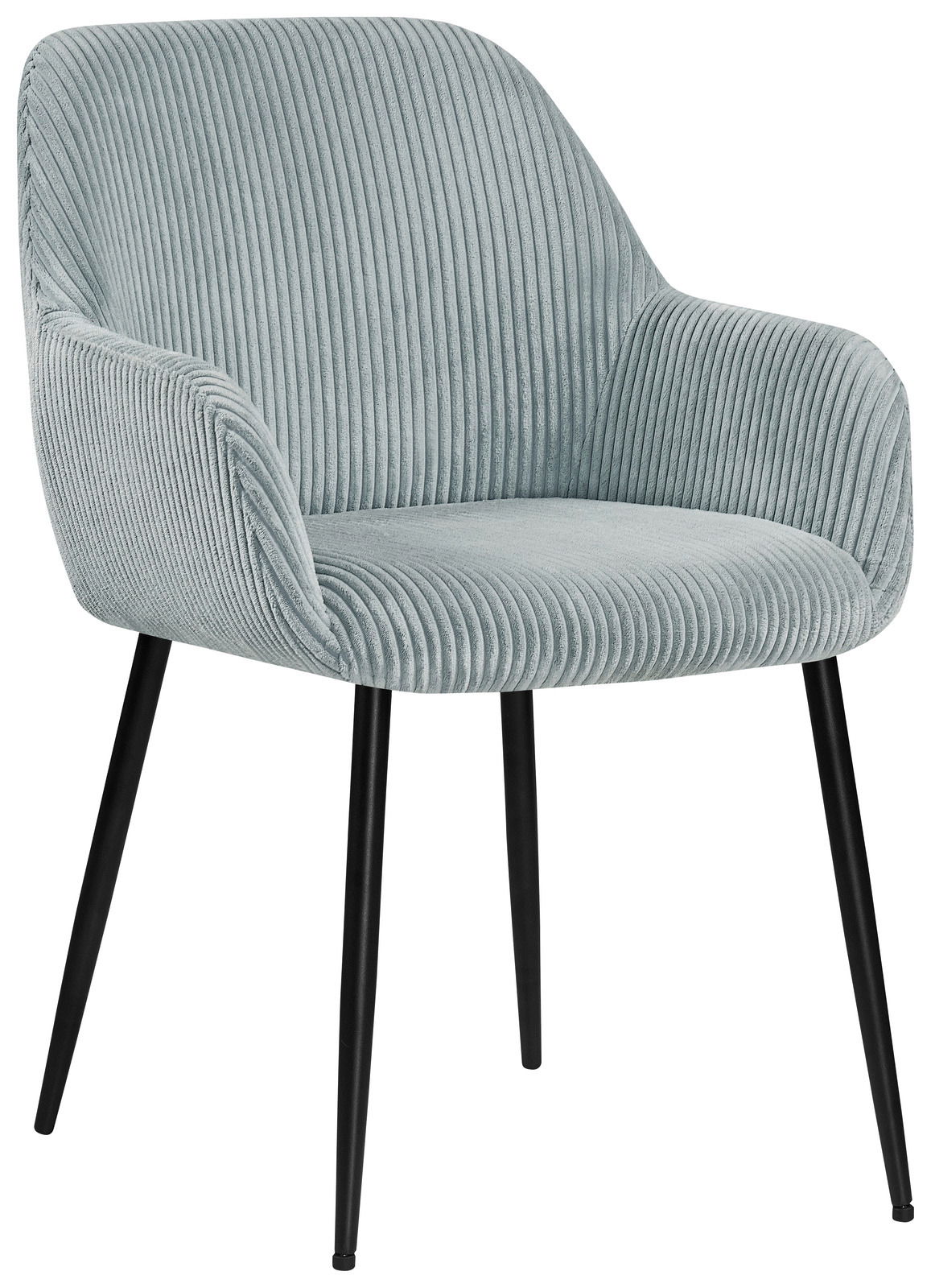 Grauer Armlehnstuhl mit geripptem Stoffbezug und schwarzen Metallbeinen, seitliche Perspektive
