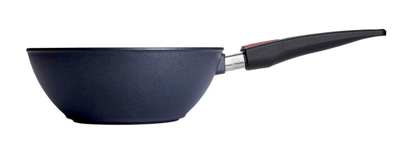 Seitenansicht einer Guss-Schwenkpfanne mit 24 cm Durchmesser und schwarzem Griff.