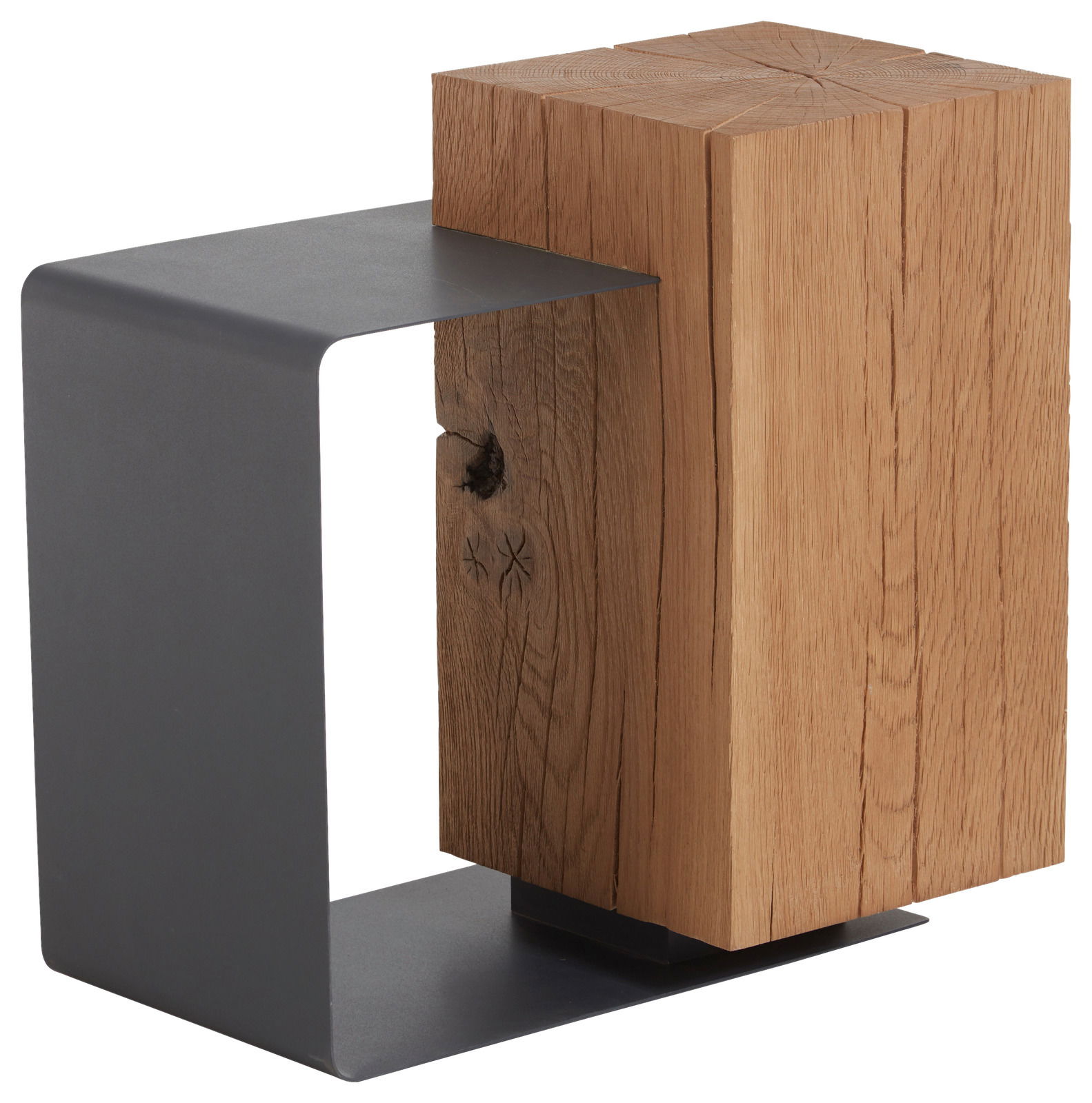 Moderner Beistelltisch aus Holz und Metall, seitliche Perspektive