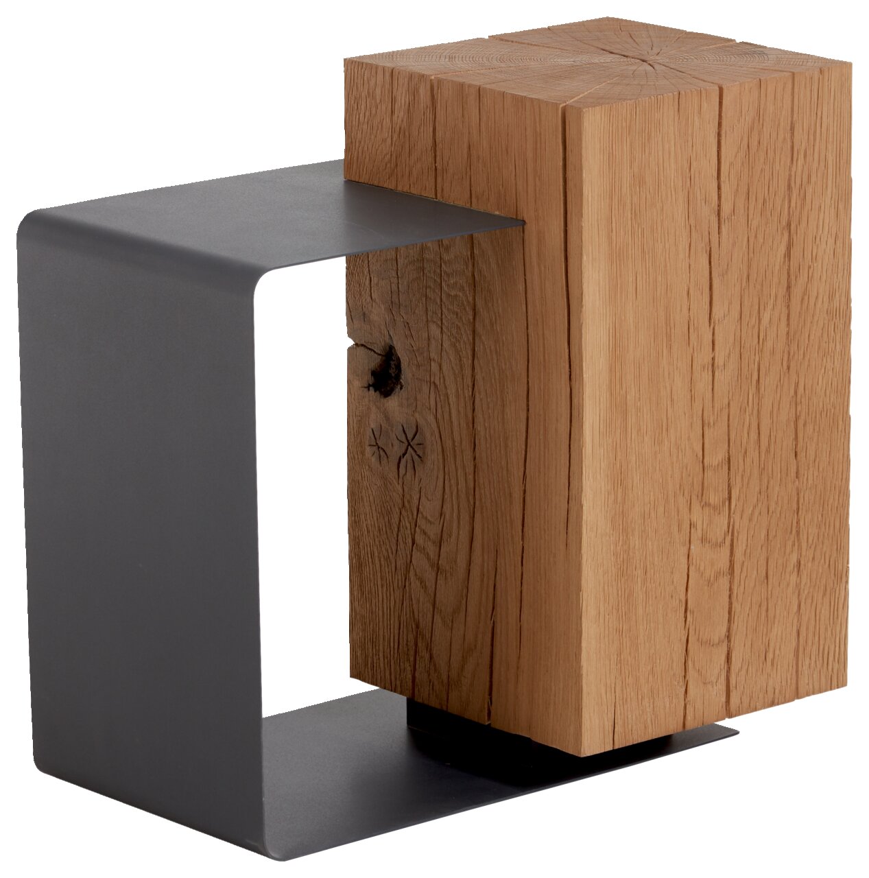 Moderner Beistelltisch aus Holz und Metall, seitliche Perspektive