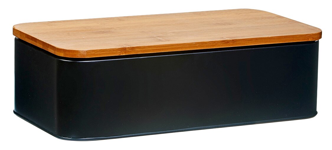 Zeller Present Brotkasten Moderner Brotkasten mit schwarzem Korpus und Holzdeckel, seitliche Perspektive