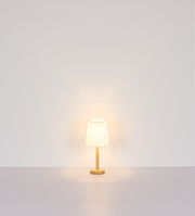 Tischleuchte mit Holzfuß und weißem Lampenschirm, frontal fotografiert vor einer neutralen Wand.