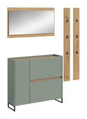 Modernes Möbel-Set mit grünem Sideboard auf schwarzem Metallgestell, Holz-Akzentleiste, großem Wandspiegel im Holzrahmen und zwei Holz-Garderobenleisten mit schwarzen Haken; dargestellt in frontaler Ansicht auf weißem Hintergrund.