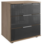 Nachtkommode mit drei Schubladen, Holzoptik und grauen Hochglanzfronten, seitliche Perspektive