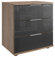 Nachtkommode mit drei Schubladen, Holzoptik und grauen Hochglanzfronten, seitliche Perspektive