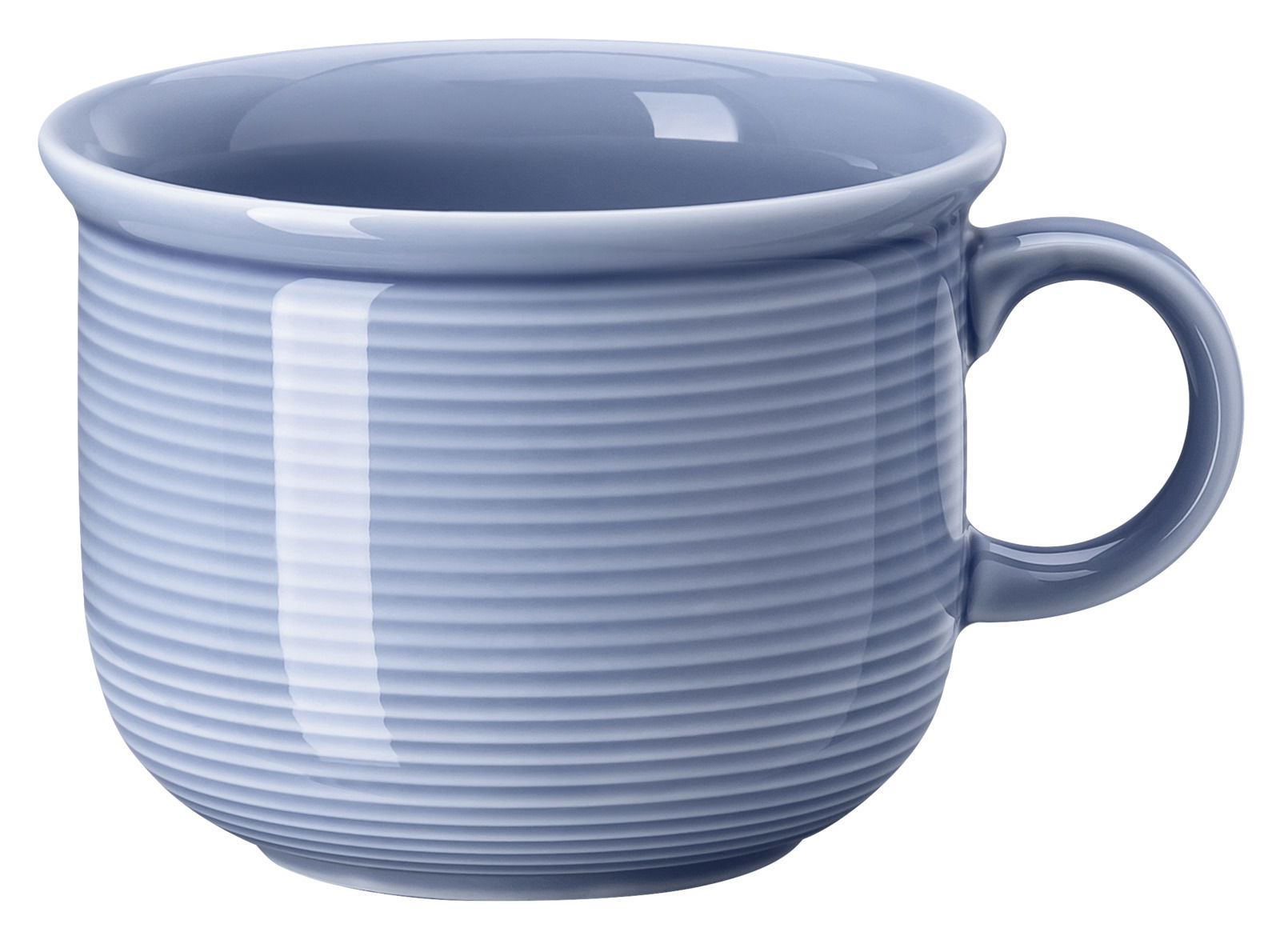 Blaue, gerippte Kaffee-Obertasse mit Henkel, seitliche Perspektive