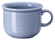 Blauwe, geribbelde koffiekop met oor, zijaanzicht