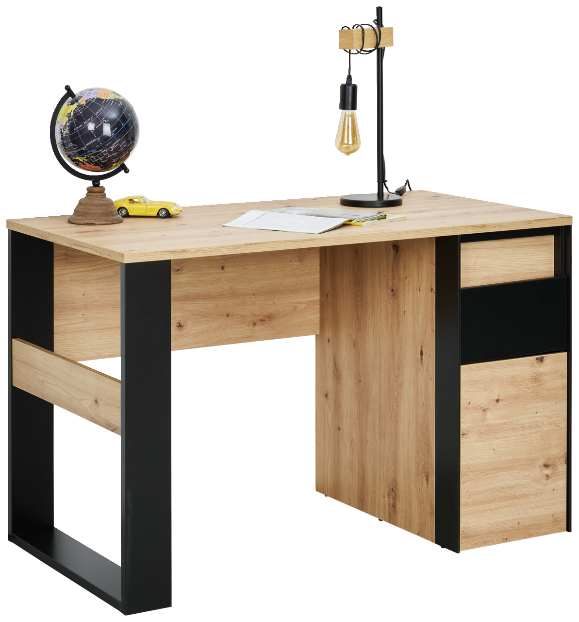 Voleo Schreibtisch Moderner Schreibtisch aus Holz mit schwarzem Metallrahmen, dekoriert mit einer Weltkugel, einer Lampe und einem gelben Modellauto, seitliche Perspektive.