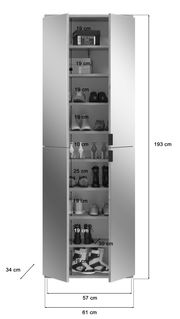 Garderobenschrank mit offenen Türen, zeigt mehrere Regalböden mit Schuhen und Boxen, frontal betrachtet.