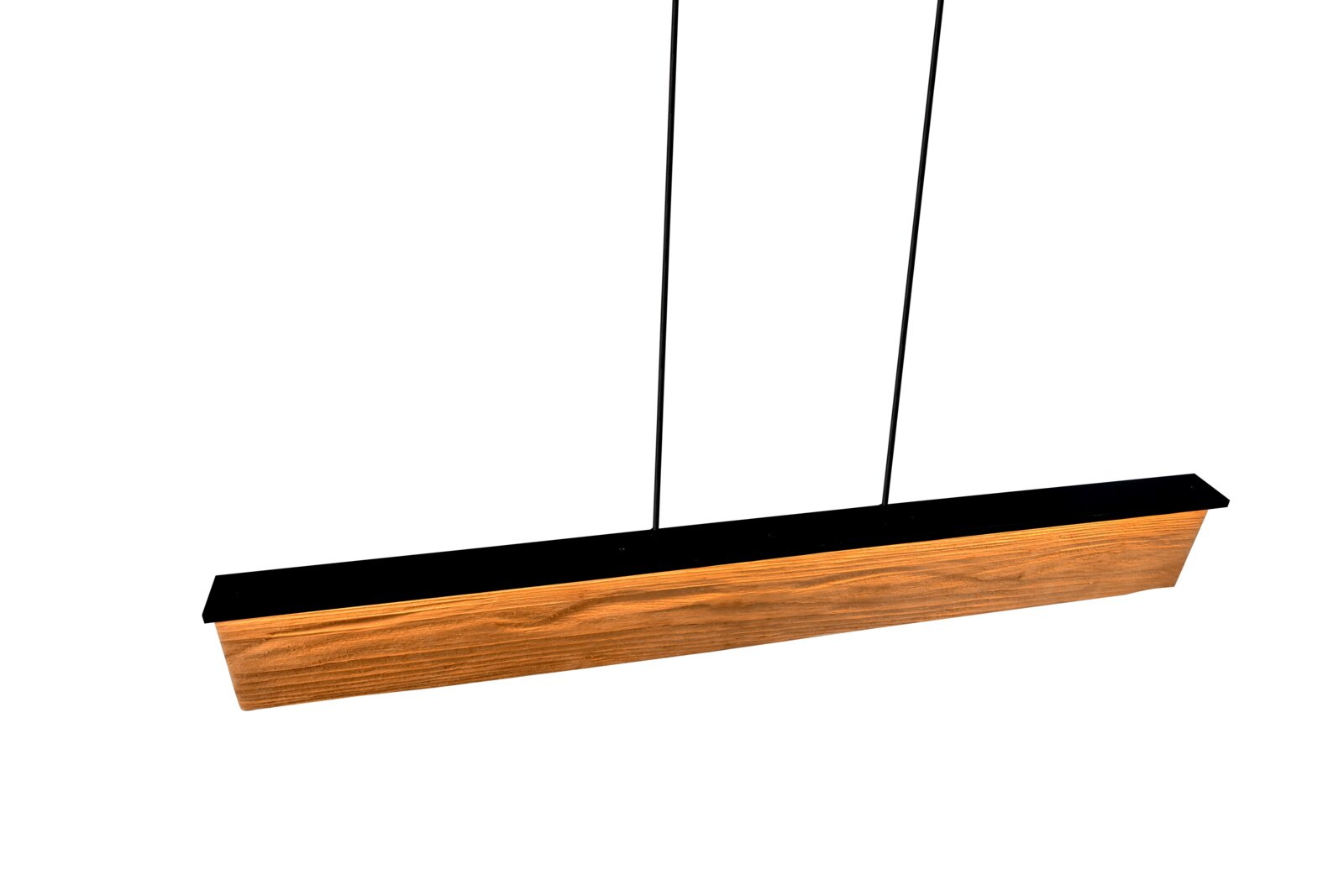 Moderne Pendelleuchte mit rechteckigem Holzdesign und schwarzem Metallrahmen, seitliche Perspektive