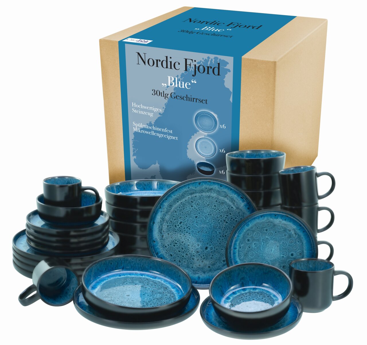creaTable Kombiservice 30-tlg. NORDIC FJORD Kombiservice 30-tlg. Blue aus hochwertigem Steinzeug, bestehend aus Tellern, Schalen und Tassen in blauer Farbe, präsentiert in einer Verpackung. Perspektive: Frontalansicht.