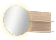 Runder Wandspiegel mit warmem LED-Hintergrundlicht auf Holzpaneel mit zwei Ablagen, Ansicht von vorne leicht seitlich (Spiegel links, Regale rechts)