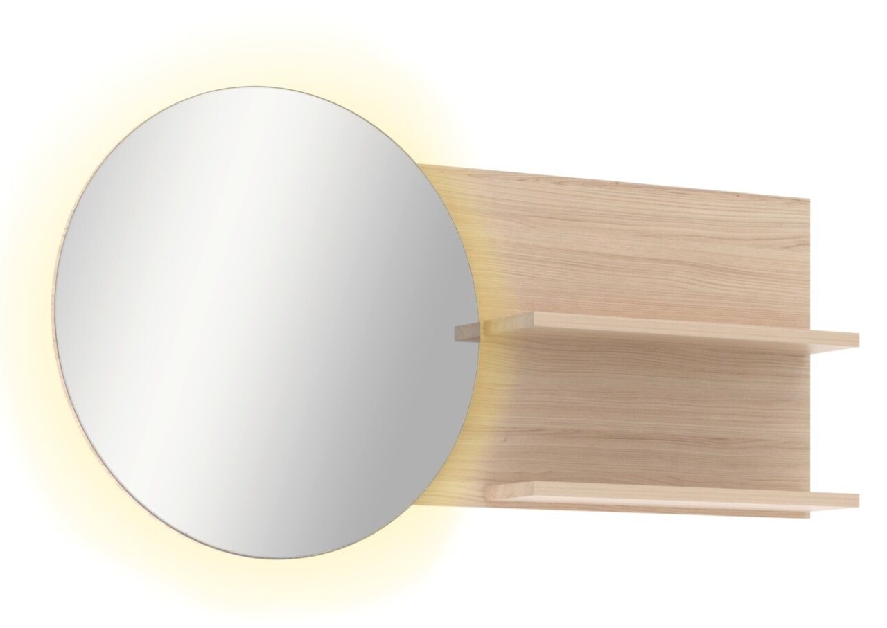 Runder Wandspiegel mit warmem LED-Hintergrundlicht auf Holzpaneel mit zwei Ablagen, Ansicht von vorne leicht seitlich (Spiegel links, Regale rechts)
