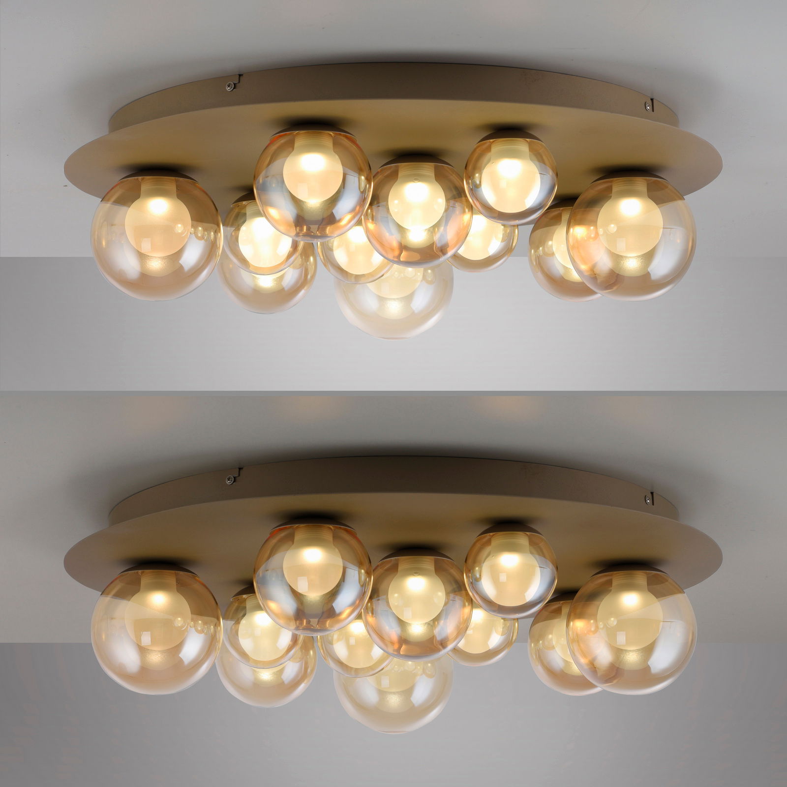 LED-Deckenleuchte mit mehreren kugelförmigen Glaskörpern, seitliche Perspektive