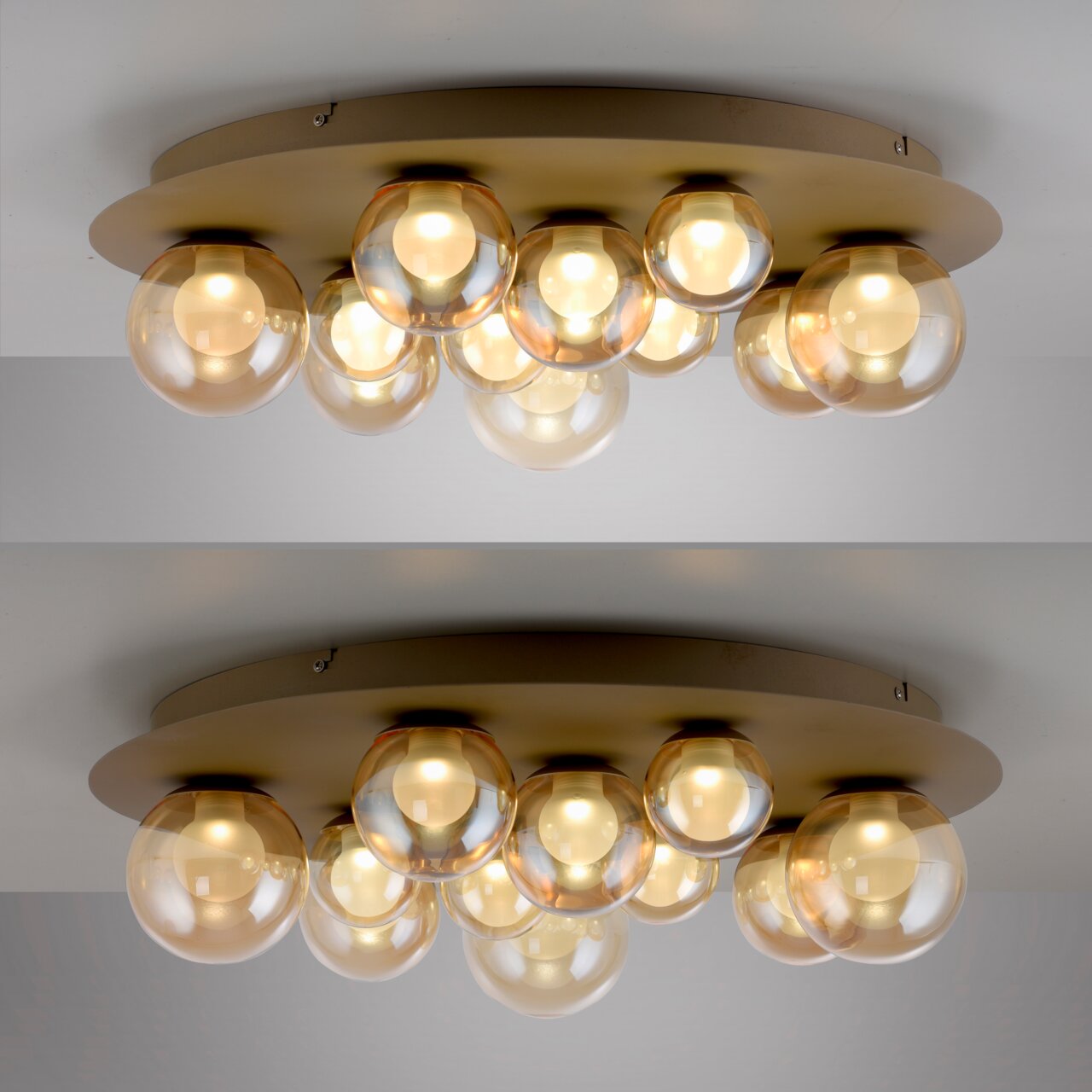 LED-Deckenleuchte mit mehreren kugelförmigen Glaskörpern, seitliche Perspektive