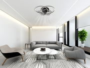 Moderner Deckenventilator in einem stilvoll eingerichteten Wohnzimmer, aus der Perspektive von unten betrachtet.