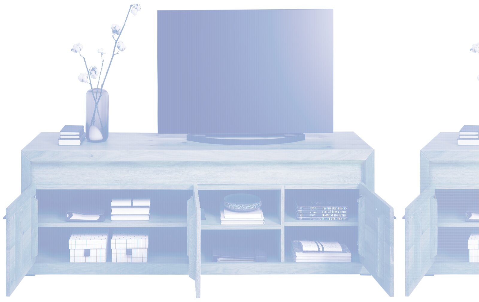 Frontale Ansicht eines TV-Lowboards aus Holz mit offenen Türen, dekoriert mit Büchern, Boxen und einer Vase mit Zweigen.