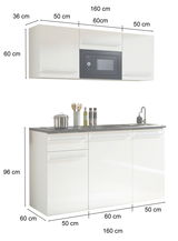 Single-Küche 160 cm in Weiß mit Hängeschrank, integriertem Mikrowellenfach und Unterschrank mit Spüle, seitliche Perspektive