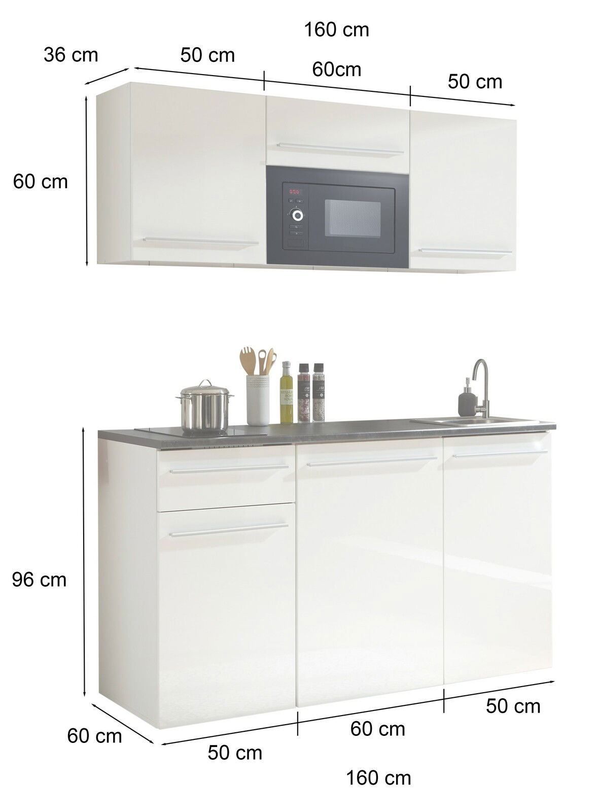 Single-Küche 160 cm in Weiß mit Hängeschrank, integriertem Mikrowellenfach und Unterschrank mit Spüle, seitliche Perspektive