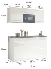 Single-Küche 160 cm in Weiß mit Hängeschrank, integriertem Mikrowellenfach und Unterschrank mit Spüle, seitliche Perspektive