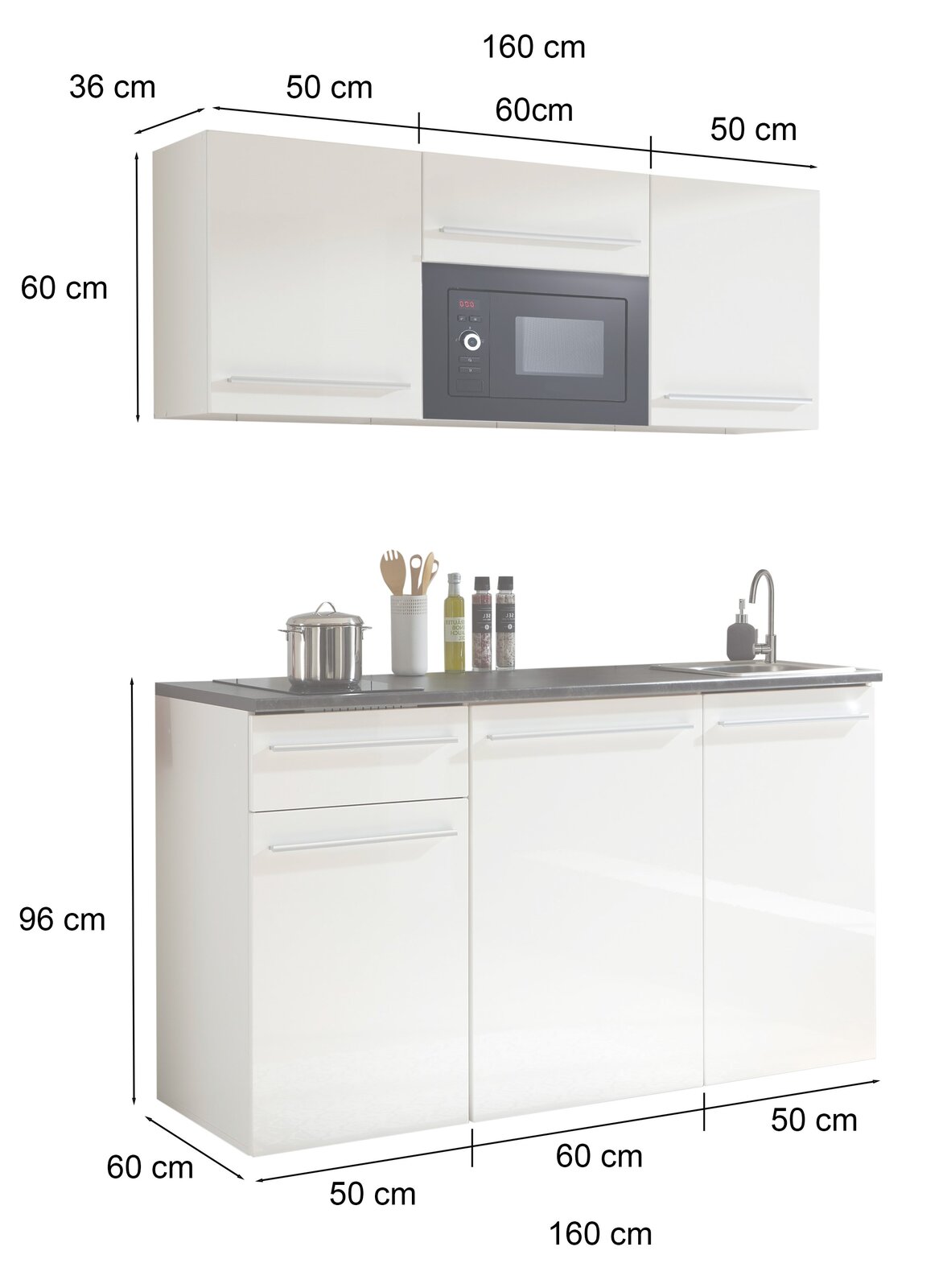 Single-Küche 160 cm in Weiß mit Hängeschrank, integriertem Mikrowellenfach und Unterschrank mit Spüle, seitliche Perspektive