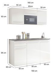 Single-Küche 160 cm in Weiß mit Hängeschrank, integriertem Mikrowellenfach und Unterschrank mit Spüle, seitliche Perspektive