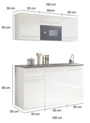 Single-Küche 160 cm in Weiß mit Hängeschrank, integriertem Mikrowellenfach und Unterschrank mit Spüle, seitliche Perspektive