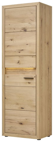 Houten kledingkast in vooraanzicht met natuurlijke nerf en een modern ontwerp.