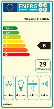 Energieeffizienzlabel mit Klasse B, 29 kWh pro Jahr, 64 dB Lautstärke, Frontalansicht