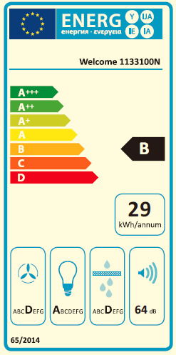 Energieeffizienzlabel mit Klasse B, 29 kWh pro Jahr, 64 dB Lautstärke, Frontalansicht