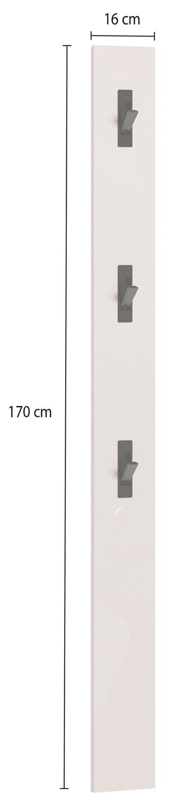 Garderobenleiste mit drei Haken, vertikale Ansicht, Maße 170 cm hoch und 16 cm breit.